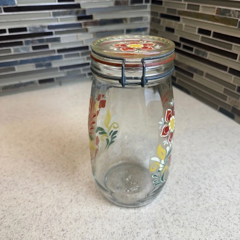 Vintage‎ 1982 Luppino Hand Painted Floral Glass Canister 1.5L Wire Bale Jar